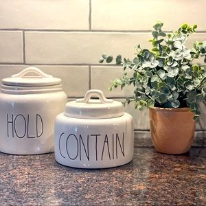 Rae Dunn canister duo large letter HOLD and CONTAIN